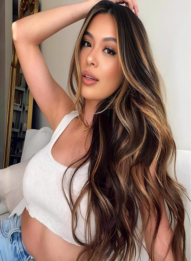 JOUKAYEA Long Wavy Blonde and Brown Wig for White Black Women, Synthetic Beach Loose Body Wave Brunette Wig with Blond Highlight, Realistic Curly Sexy Natural Looking Hispanic Ladies Hair Wigs - Image 1